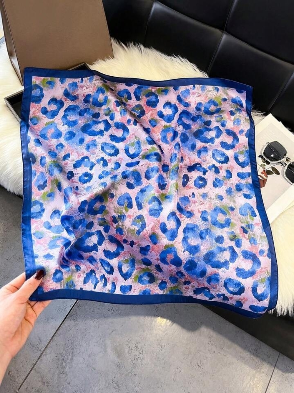 Silk-feel Blue & Pink Leopard Print Silk Scarf Head , Neck 70*70cm